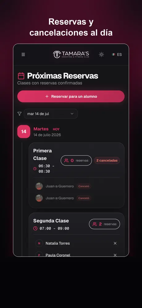 App screen: up-to-date bookings and cancellations